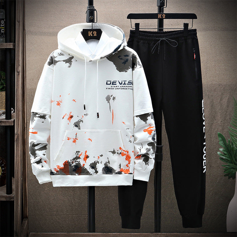 Printed Kangaroo Pocket Sports Hooded Sweater jumpSuit Men
