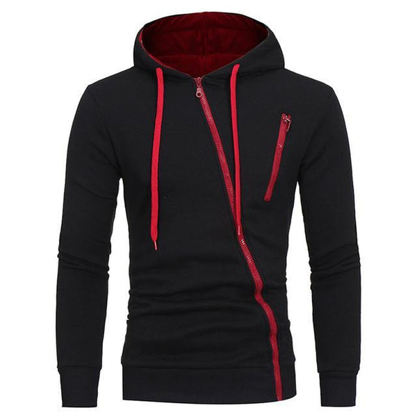 Diagonal Zipper Solid Color Hooded Sweater