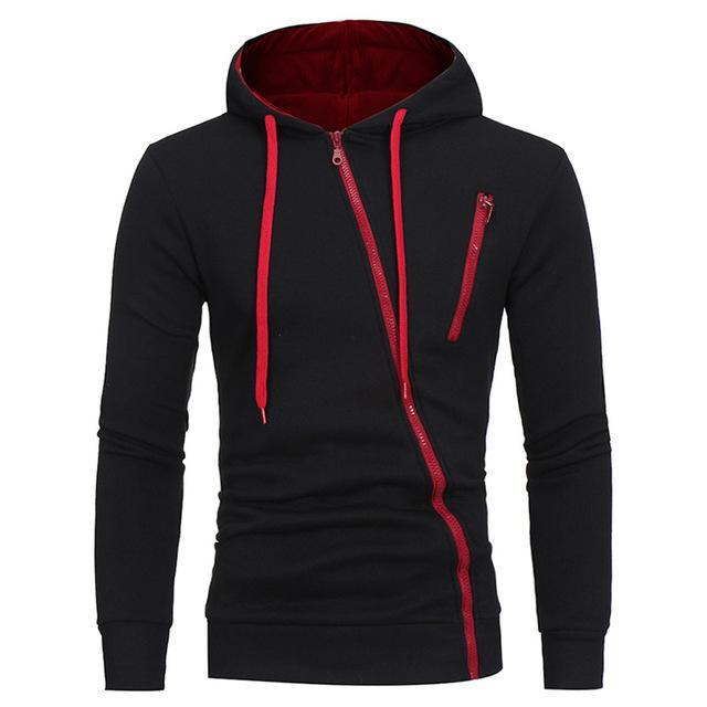 Diagonal Zipper Solid Color Hooded Sweater