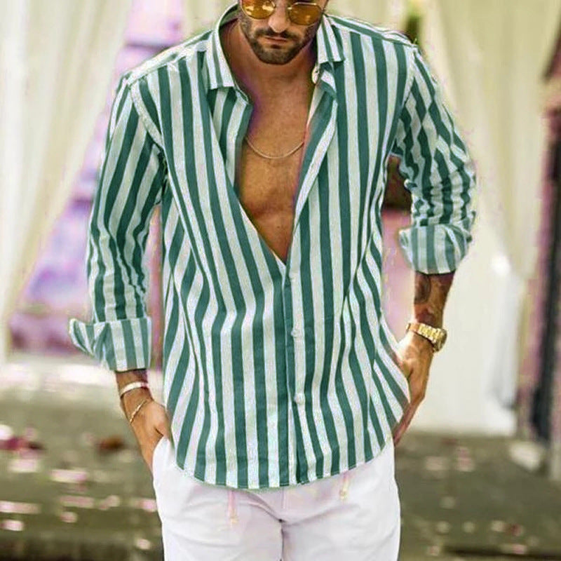Striped long sleeve button lapel men's casual lining shirt