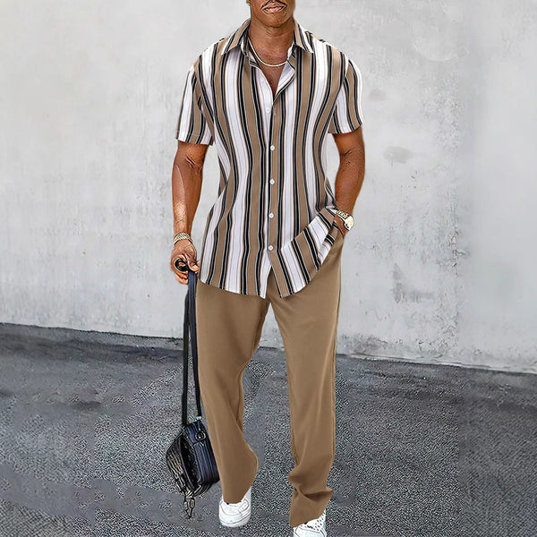 Casual Striped Short Sleeve Shirt Trousers Suit