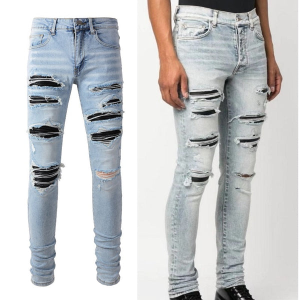 Leather Patched Holes Elastic Slim Fitting Jeans For Men