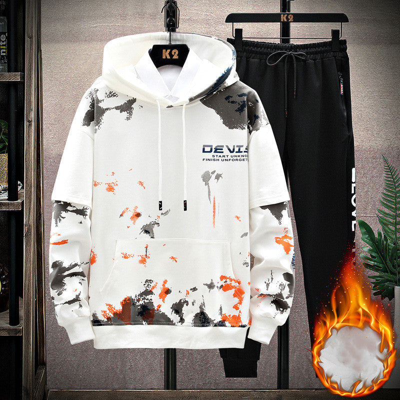 Printed Kangaroo Pocket Sports Hooded Sweater jumpSuit Men