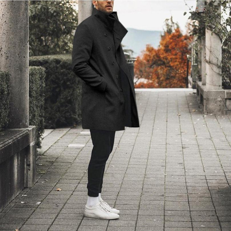 Men's mid-length stand-up collar woolen trench coat