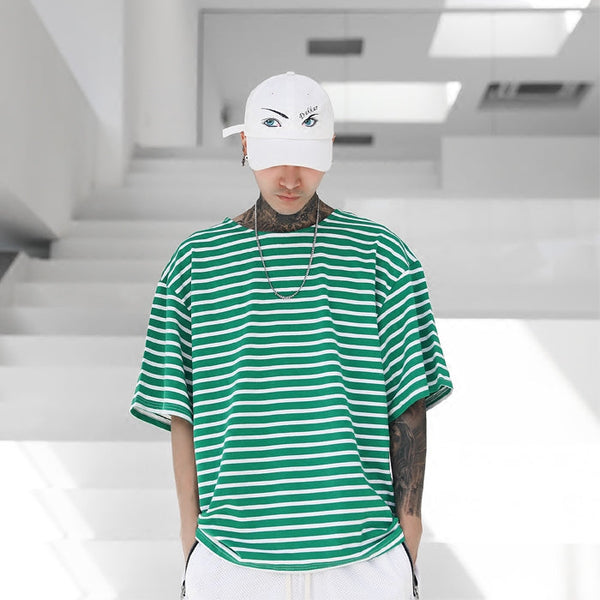 Loose green striped retro  wind short sleeve
