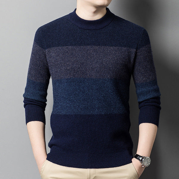 Middle-aged Worsted Round Neck Striped Casual Thick Sweater