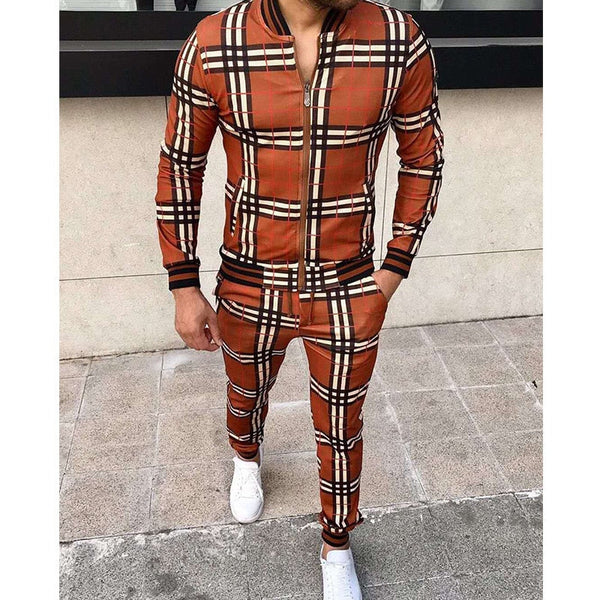 New Men's Leisure Tracksuits Men Grid Two-piece Patchwork Zipper Tracksuits
