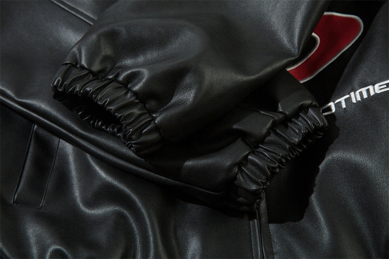 Gothic Letter Affixed Embroidered Motorcycle Leather jacket men
