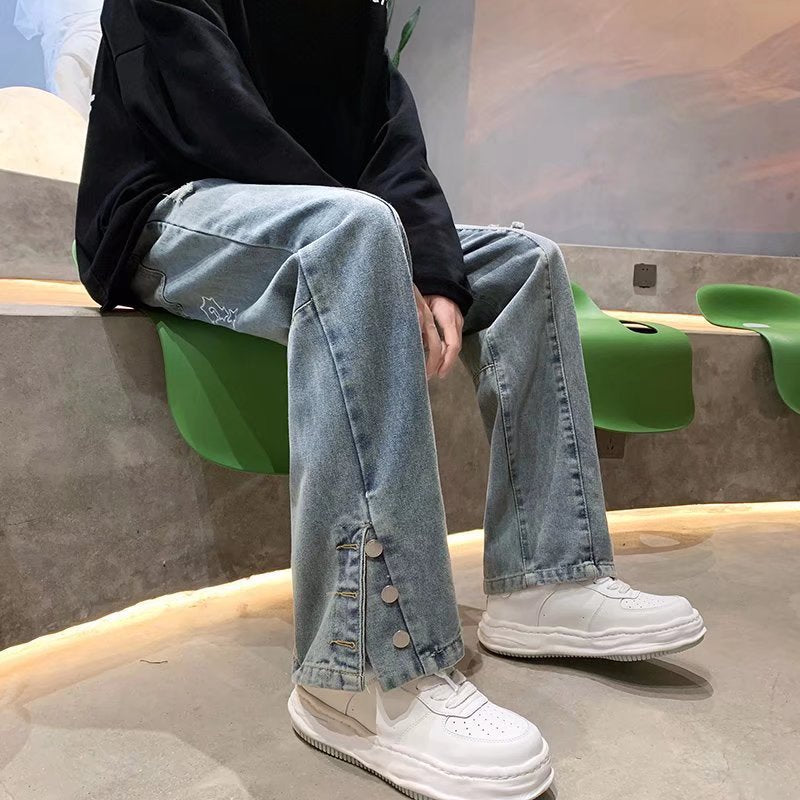 American Letter Embroidered Jeans High Street Hip Hop Straight-leg Pants