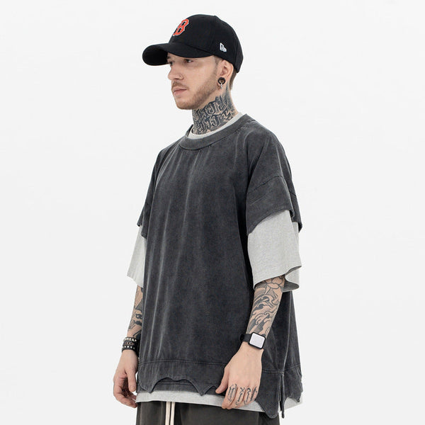 Distressed Heavy Patchwork Retro Double-layer T-shirt