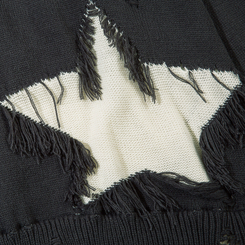 Destroyed Color Matching Five-pointed Star Round Neck Sweater