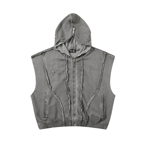 Men's Wash Dirty Dyed Patchwork Sweater Short Sleeveless Hoodie