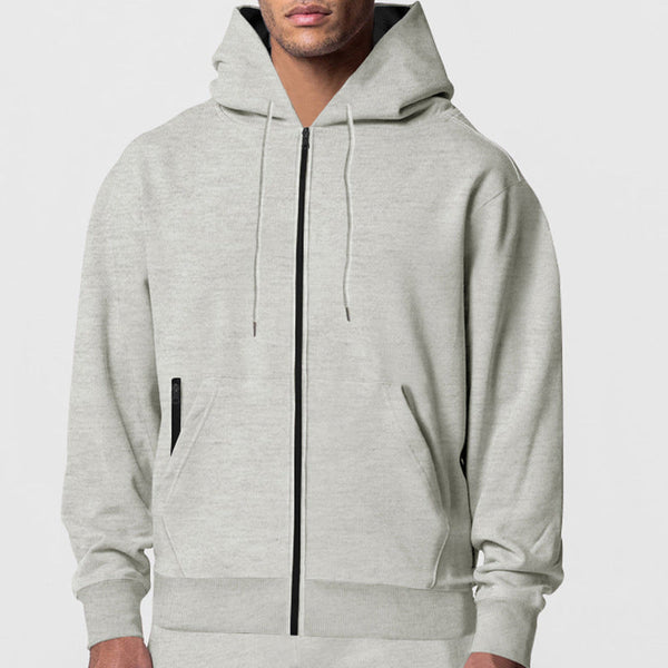 Fall Winter Men's Solid Color Long-sleeve Zipper Hooded Sports Casual Fleece Warm Sweatshirt