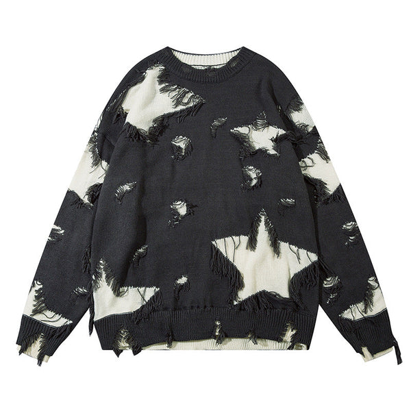 Destroyed Color Matching Five-pointed Star Round Neck Sweater