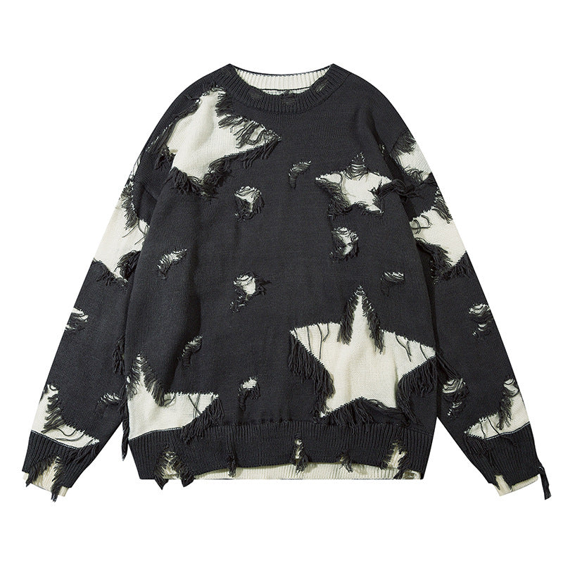 Destroyed Color Matching Five-pointed Star Round Neck Sweater