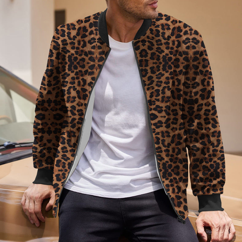 Vintage Leopard Print Pattern Men's Zipper Jacket Fleece-lined Long Sleeve Coat