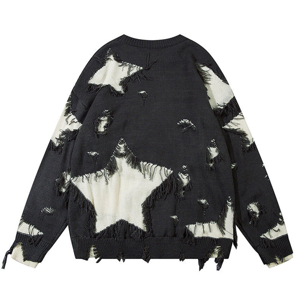 Destroyed Color Matching Five-pointed Star Round Neck Sweater