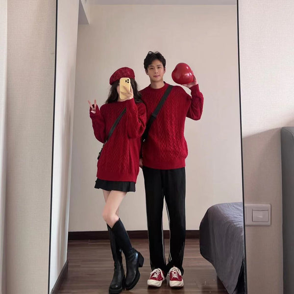 Couple's Red Sweater Men's Lazy Thick Hemp Flowers Knitwear Winter Wool sweater