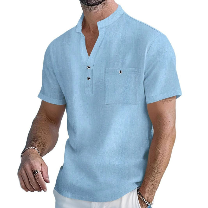 Stand Collar Linen Short Sleeve Shirt Men