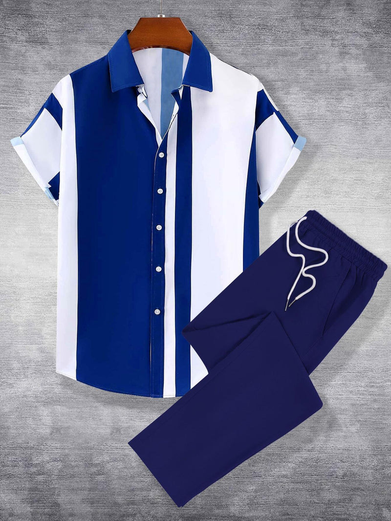 Casual Striped Short Sleeve Shirt Trousers Suit