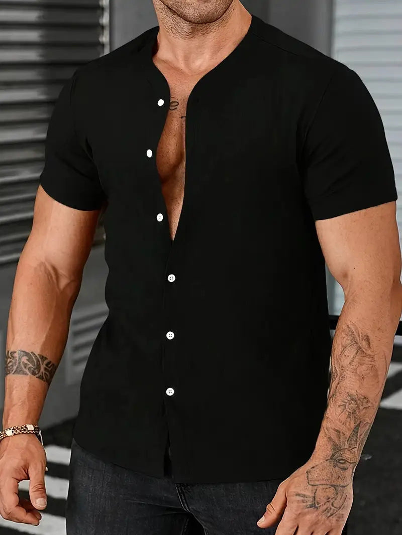 Cardigan Stand Collar Men's Short-sleeve Shirts