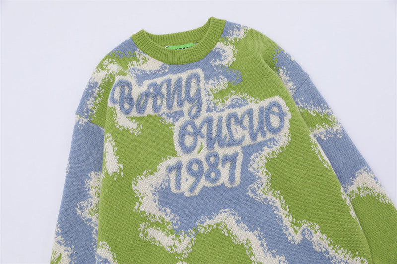 Men's Loose Contrast Color Flocking Letter Pullover Sweater