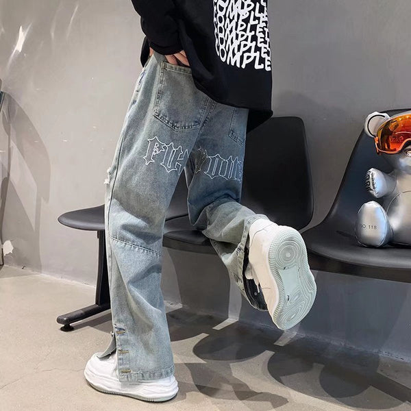 American Letter Embroidered Jeans High Street Hip Hop Straight-leg Pants