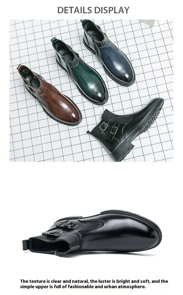 High-top British Double Buckle Slip-on Leather Boots