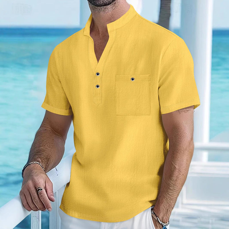 Stand Collar Linen Short Sleeve Shirt Men