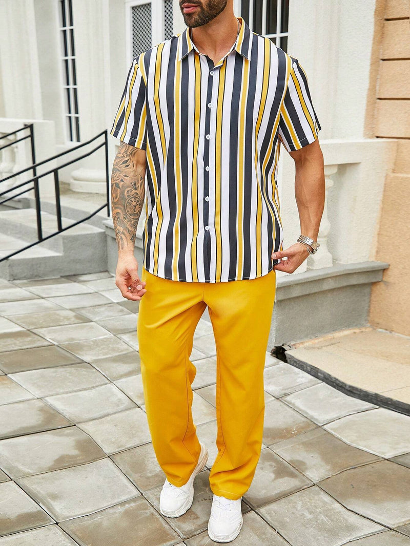 Casual Striped Short Sleeve Shirt Trousers Suit