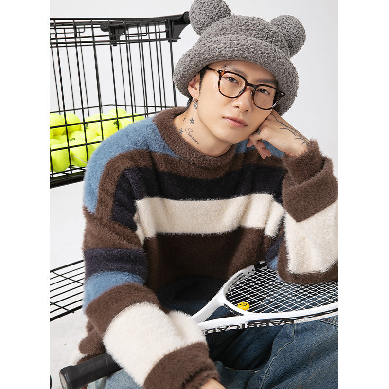 Artificial Mink Fur Contrast Color Striped Round Neck Sweater
