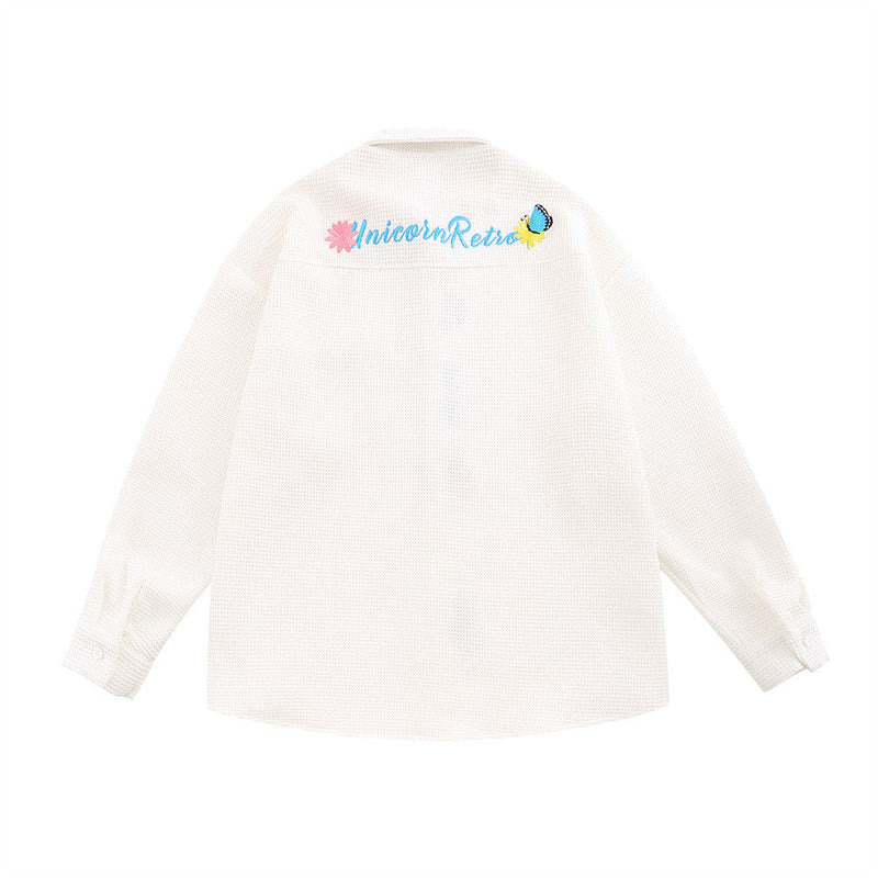 Simple Flower Embroidered Long-sleeved Men's Cardigan Waffle Lapel Shirt