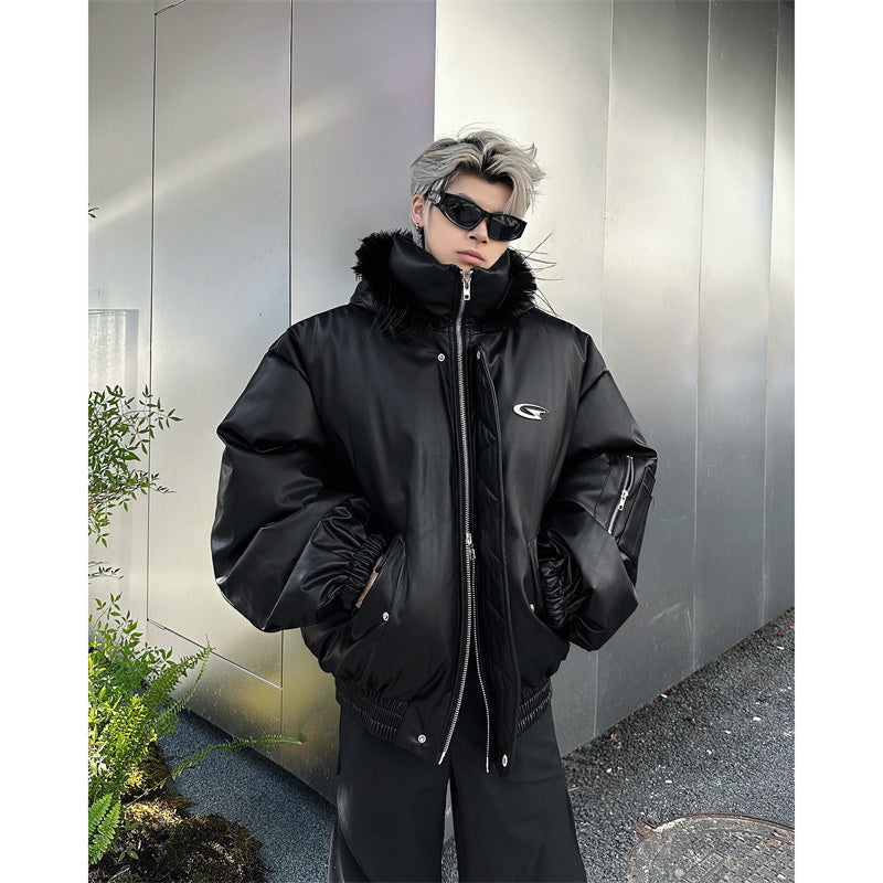 PU Leather Hooded Cotton Coat Jacket