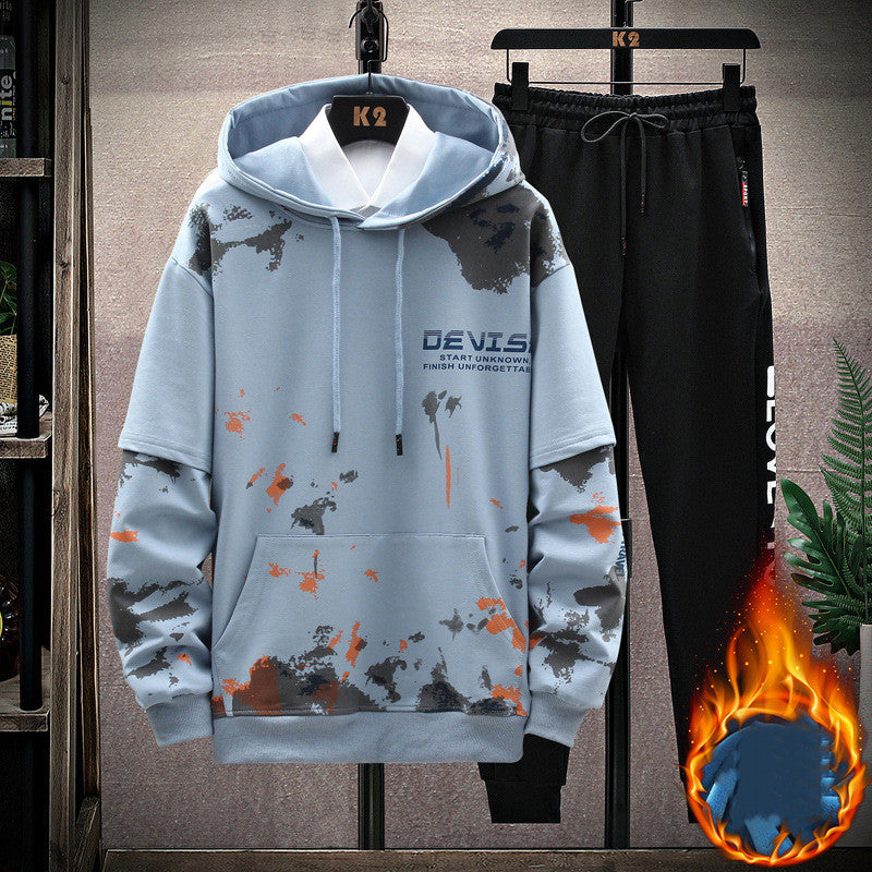 Printed Kangaroo Pocket Sports Hooded Sweater jumpSuit Men
