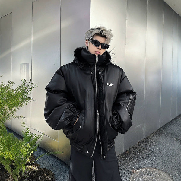 PU Leather Hooded Cotton Coat Jacket