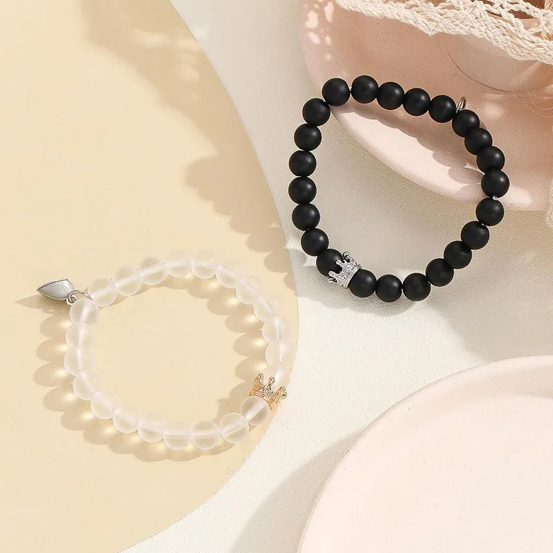 2pcs Handmade Crown Beaded Charms Bracelet Heart Glow In The Dark Couple Bracelet