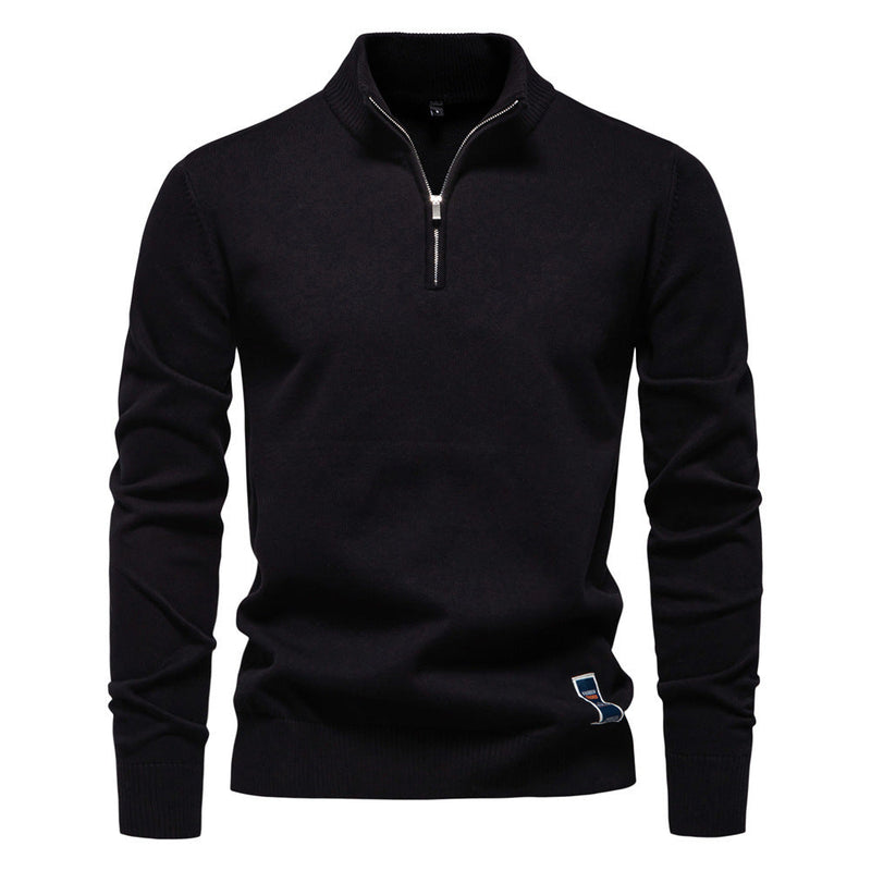 Men's Stand Collar Half Zip Solid Color Cotton Sweater