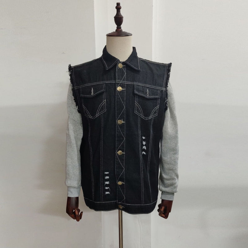 Men's Denim Sleeveless Turn-down Collar Coat