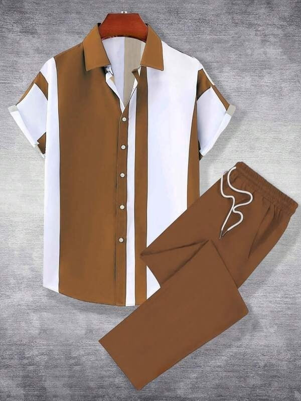 Casual Striped Short Sleeve Shirt Trousers Suit