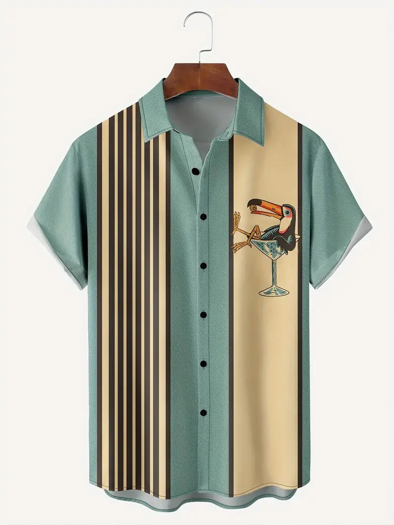 Striped Pattern Buckle Short Sleeve shirt Men