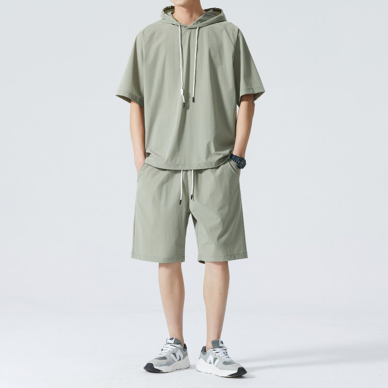 Men's Ice Silk Hooded High Street Short Sleeve T-shirt Shorts Set