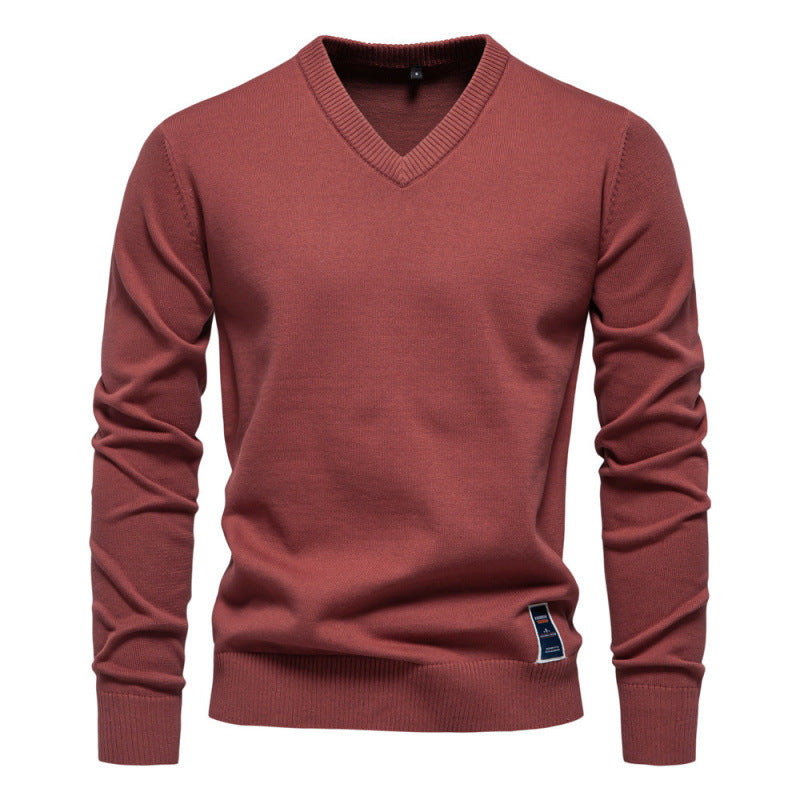 Autumn And Winter Pure Cotton Solid Color V-neck Sweater